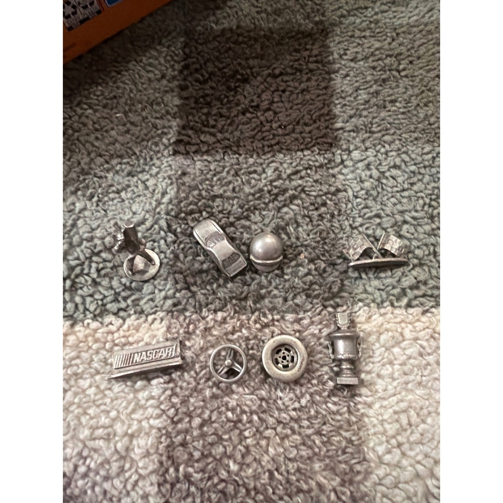 Vintage NASCAR Monopoly Pewter Game Pieces Replacement Tokens Set of 8 with Dice